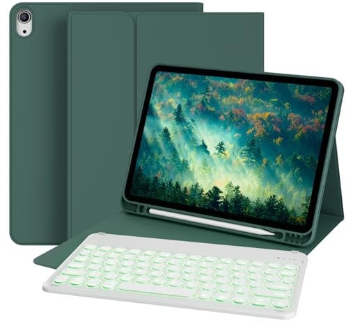 GKABXY Case with Keyboard for iPad Air 11 inch (M2/M3) 2024/2025, iPad Air 5th/4th Generation 10.9 With Pencil Holder, Soft TPU Back, 7 Colors Backlit Detachable Bluetooth Round Keyboard, Dark Green