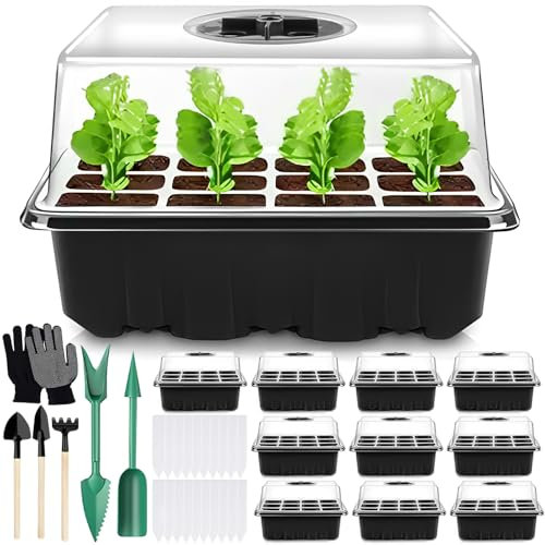 ZHHGOO 10Pcs 120 Agujeros Bandejas Semilleros de Germinacion, Bandejas Semilleros,Caja de Cultivo de Mini Invernadero Interior con Tapa,Humedad Ajustable,Plantas Bandeja de Plántulas Reutilizables