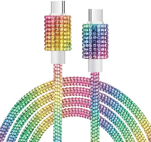 VOFUOE USB C to USB C Cable, Type C 60W Fast Charging Cable Bling Sparkling Diamond USB C Charging Cord for Women 4FT for iPhone 16/16 Pro/ 16 Pro Max, iPad 10th Generation, Galaxy S24-Rainbow