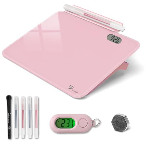 TOWON Kleines Desktop-Whiteboard aus reinem Glas, trocken abwischbare Tafel mit Uhr, kleine Reiseerinnerung, Uhr, Schlüsselanhänger mit Schreibtisch-Notizblock, Zeittafel Whiteboard für Schreibtisch