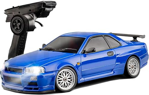 ARRIS LD1899 1:18 RC Driftauto, GTR R34 2,4 GHz RWD Mini-Modellfahrzeug mit Gyro, Legierung-Karosserie Rennwagen für Erwachsene Spielzeug (Blau)