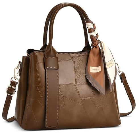 FORRICA Handbag Women Top Handle Bag Stylish Patchwork Texture Shoulder Bag PU Leather Elegant Ladies Crossbody Bag for Travel Shopping Brown