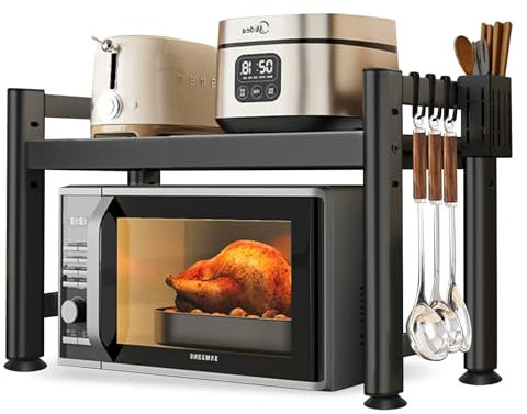 YSWOVUO Soporte para Microondas Extensible, Estanteria Microondas de Cocina 2 Niveles, Mueble para Microondas Encimera al Carbono, Estante para Microondas con 8 Ganchos 1 Soporte de Utensilios