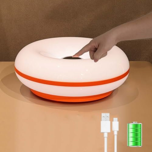 AoLa Orange Donut Lampe LED Akku Tischlampe Touch Dimmbar mit USB Aufladbar Tischleuchte Modern Rund Donut Design Kabellos Nachtlicht mit Acryl Lampenschirm für Kinderzimmer Wohnzimmer,Weiß