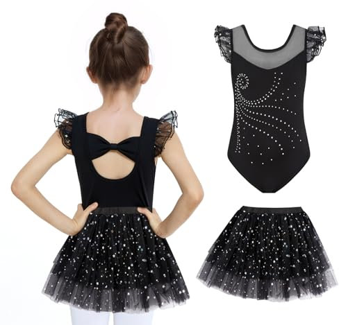 JiAmy Mädchen Ballettbekleidung Rüschenärmel Ballettkleid Kinder Ballett Outfit Tanzkleid Ballerina Kleid mit Rock Tütü für 5-6 Jahre,Schwarz