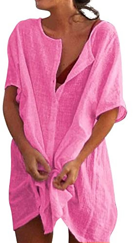 Camisas Mujer Largos Vestido Playa Verano Camisa Suelta de Bikini Cover Up Traje para Mujer Vestido de Playa Casual Blusa Playeras Suelto Pareos Color Sólido (M)