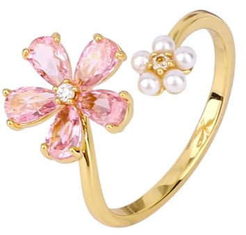 Mikovivi Or Bague Fleur Délicate pour Femmes, Bague Ouverte Réglable Étincelante avec Marguerite Rose en Zircon Cubique Bagues Fiançailles et Promesse Élégantes Perle Anneau Enveloppant Bijou Tendance