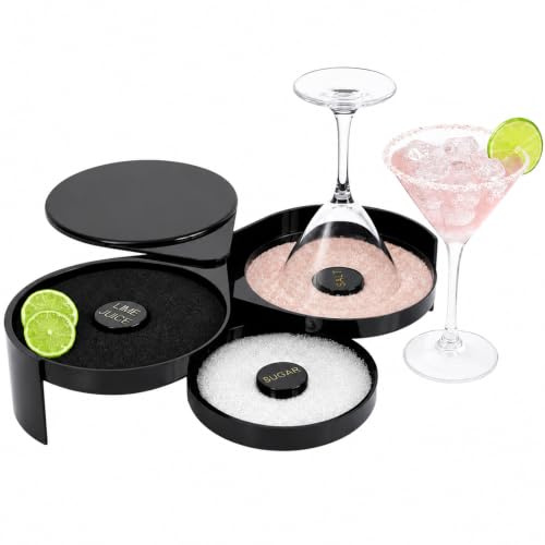 ATPEAM 3-Tier Bar Glass Rimmer for Margarita and Cocktail Bartender Tool | Margarita Salt Rimmer Set with Sponge, Salt Tajin Sugar Rimmer Lime Juice Tray Container, Drink Glass Rim Station