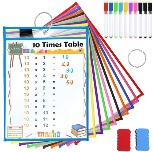 10 Stück Dry Erase Taschen, Wiederverwendbare A4 Trocken Abwischbare Taschen mit 10 Whiteboard-Stiften, 2 Radiergummis und 2 Edelstahl Ringe, Dry Erase Pockets A4 für Schule Home oder Arbeit