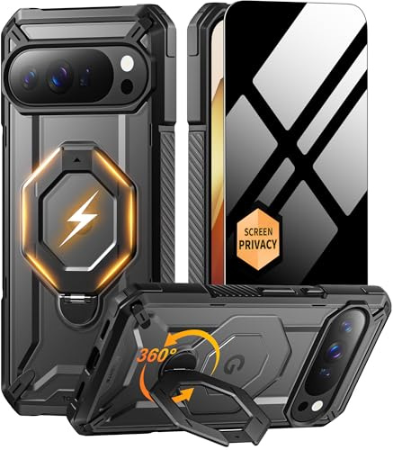 Tongate für Pixel 10 Pro Hülle mit 360° Drehbarem Magnetständer, Schwarz | Kompatibel mit MagSafe, Datenschutz Displayschutzfolie, Schutzhülle in Militärqualität für Google Pixel 10 /Pixel 10 Pro