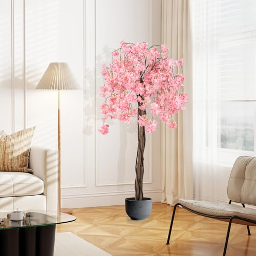 GIANTEX Künstlicher Kirschblütenbaum 163 cm, Dekorative Kunstpflanze mit Echtem Holzstamm, Mit Zement Gefülltem Topf, Zimmerpflanze im Topf für Wohnzimmer, Büro & Tisch (Rosa)
