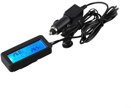 12 V LCD-Digitalthermometer für Innen- und Außentemperatur, Messgerät für Fahrzeuginnenraum und Außenüberwachung mit blauem LCD-Bildschirm, schwarzes Gehäuse, passend für alle 12 V Autos, LKWs, SUVs