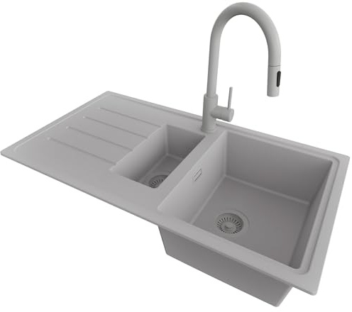 PRIMAGRAN Granitspüle ab 60er Unterschrank + Küchenarmatur, 90x50cm | Set: Küchenarmatur BW9010 + Ablauf-Set + Spülbecken 1,5 Becken - Kopenhagen Duo, Alles Grau