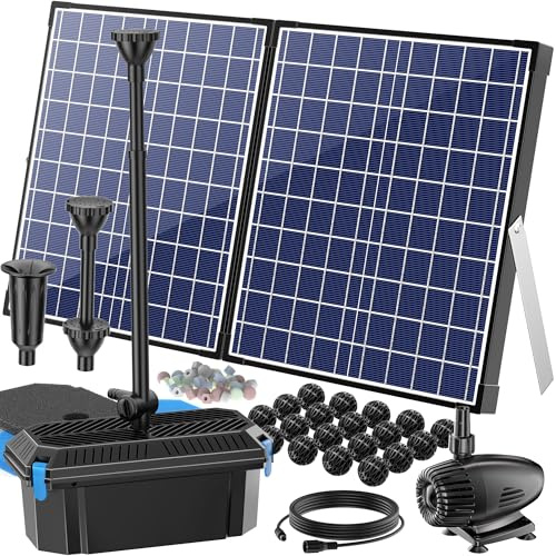 Biling Pompa solare per laghetto da 50 W, con filtro, 2100 l/h, pompa solare con 3 ugelli e regolatore di flusso, cavo da 8 m, per laghetto da giardino, piccolo laghetto da pesce, gioco d'acqua