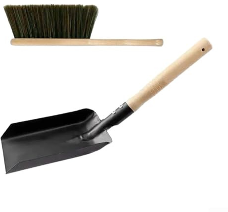 Fireplace Tool Set Ash Shovel and Brush, Cast Iron Ash Pan and Brush Kit, Log Burner Cleaning Tools for Wood Burning Stove Coal Fire