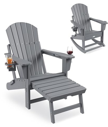 Garvee Ergonomischer Adirondack Schaukelstuhl klappbar – Wetterfestes HDPE – Ausziehbare Fußstütze & 2 Getränkehalter – Robuster Gartenstuhl für Terrasse, Veranda, Pool – Grau