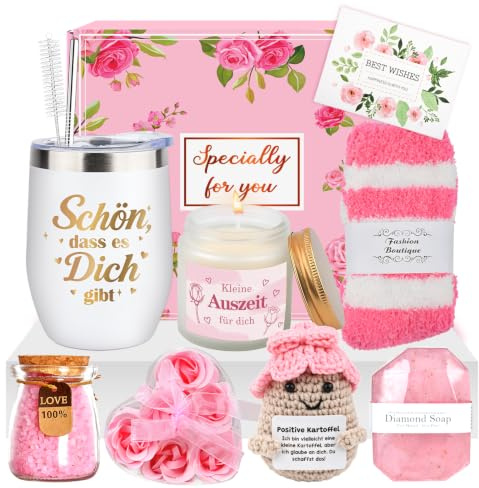 Geschenke für Frauen, Geburtstagsgeschenk für Frauen,Wellness Geschenk Frau | Entspannung Personalisierte Geschenkset für Freundin Mama Schwester Erzieherin, Weihnachten, Thermobecher Positive Kartoffel