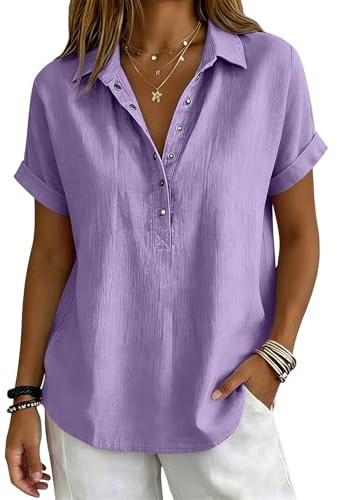 Magliette Donna Maniche Corte Cotone Lino Elegante Maglietta Taglie Forti Tinta Unita Scollo a V Button Down Tops Moda Primavera 2026 Casual Estive Abbigliamento Ufficio Comodo Taglie S-3XL