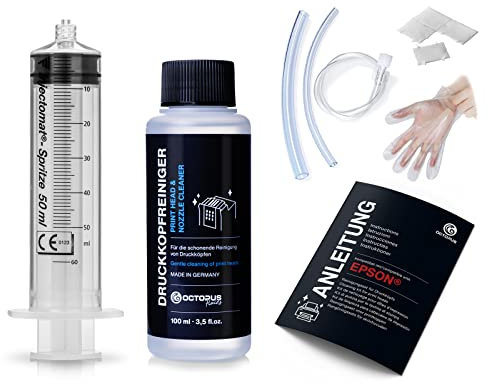 Octopus Düsenreiniger, Druckkopfreiniger kompatibel für Epson Druckköpfe mit Schlauchadaptern (100 ml)