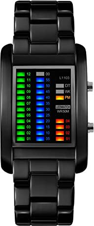 FeiWen Fashion Unico Binario Relojes de Pulsera Unisex 50M Impermeable Fecha Multicolor LED Luz Outdoor Deportivo Digitales Electrónica Rectangular Acero Inoxidable Reloj, Negro