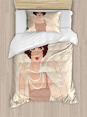ABAKUHAUS Old Hollywood Bettbezugs Set für Einzelbetten, Brunette Flapper, Milbensicher Allergiker geeignet mit Kissenbezug, 130 x 200 cm, Elfenbein Beige
