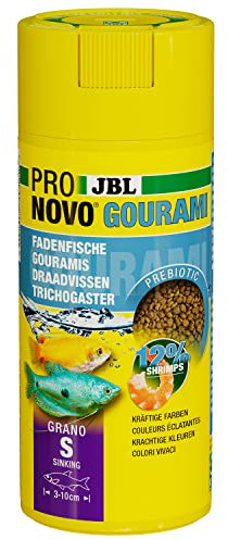 JBL PRONOVO GOURAMI GRANO, Hauptfutter für Guramis, Fadenfische und Labyrinther von 3-10 cm, Fischfutter-Granulat, Klickdosierer, Größe S, 250 ml