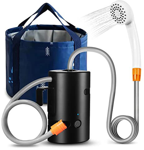 B. TAWD Douche de camping portable, chargement USB, 4400 mAh intégrée, pompe de douche de camping en plein air + seau pliable de 20 L, pompe auto-amorçante attire l'eau vers la pomme de douche pour le