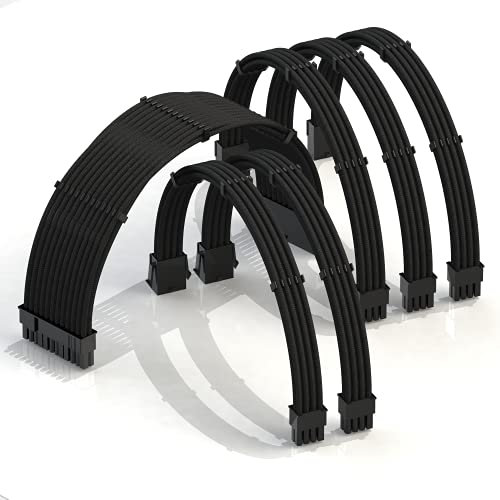 LINKUP - AVA 50cm Rallonge de Câble PSU Gainée Personnalisée GPU PC Tressé avec Kit de Peigne - Compatible avec RTX3090 | 1x24P (20+4) | 2x8P (4+4) CPU | 3x8 P (6+2) GPU | 500mm - Noir