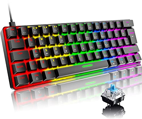 Mini 60% Gaming-Tastatur Kabelgebundene mechanische Keyboard, Kompakte Tragbare 62 Tasten, UK-Layout, 19 RGB-Chroma-Backlit, Abnehmbarer USB-Typ C, für Laptop, Mac, PS4,Xbox (Schwarz/Blauer Schalter)