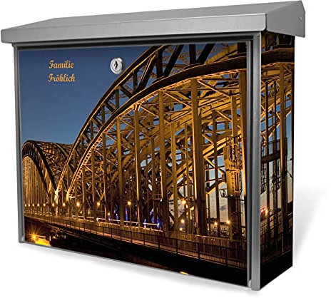 banjado® Burgwächter Briefkasten Edelstahl 38,5x31,5x12cm mit Motiv Köln/Briefkasten Edelstahl ohne Zeitungsfach/Briefkasten grau/Postkasten inkl. Montagematerial & 2 Schlüsseln