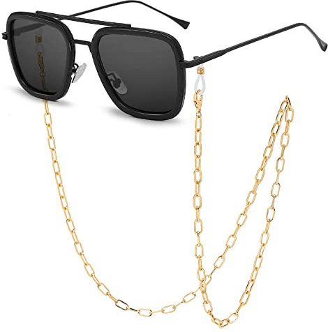 SHEEN KELLY Sonnenbrille Retro Kette Quadratischer Silberner Rahmen Hellgraue Linse Mit Blauer Innenbeschichtung Für Männer Frauen