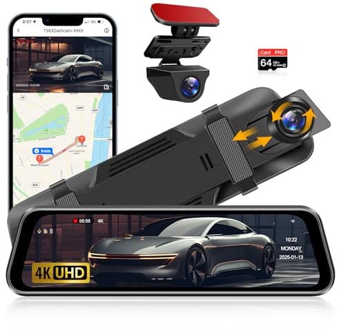 4K Rear View Mirror Dash Cam Front and Rear View Camera 10'' Dash Cam Mirror with Waterproof Reverse Camera WDR Tech Super Night Vision G-Sensor Parking Monitor Wide Angle Dashcam WiFi APP 64GB Card