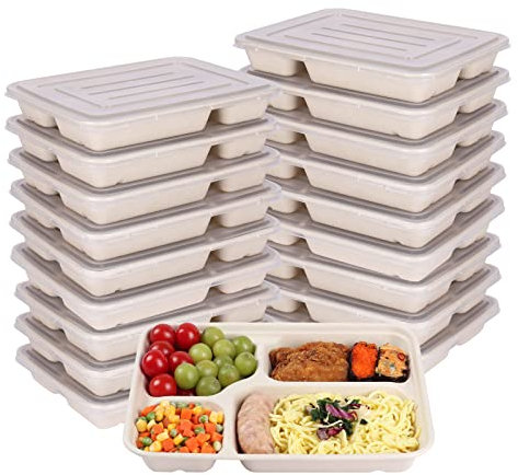 JAYEEY 40 oz 4 Compartments disposable Sugarcane Fiber plates with Lids Bagasse Plant Fibers Freezer Safe 25 Pack