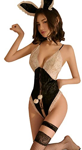 SNOMYRS Damen Bunny Kostüm Sexy Dessous Spitze Freches Cosplay Outfit Einteiler Body mit Kaninchenohren