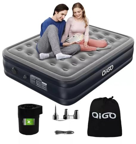QIGO Materasso ad aria queen size con pompa integrata a batteria ricaricabile, per campeggio e ospiti, materasso gonfiabile, letto ad aria autogonfiabile, portatile, pieghevole e confortevole