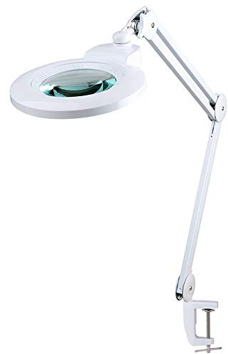 SEMPLIX LED Lupen-Tischleuchte Tischklemme und Höhenverstellbarem Schwenkarm (60 LEDs, Linse 127mm, 4fach dimmbar) (weiß)