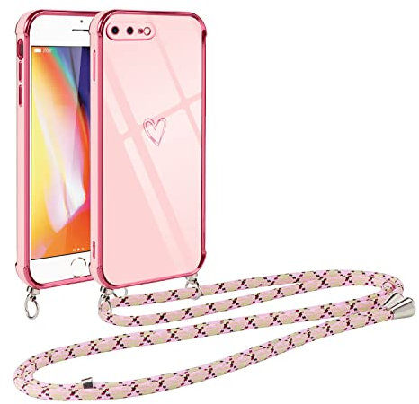 Vauki Handykette für iPhone 8 Plus/iPhone 7 Plus Hülle mit Band, Handyhülle mit Kette, Herz Motiv, Ultra Dünn Stoßfeste Aesthetic Case mit Kordel zum Umhängen für iPhone 8 Plus 5.5 Zoll, Rosa