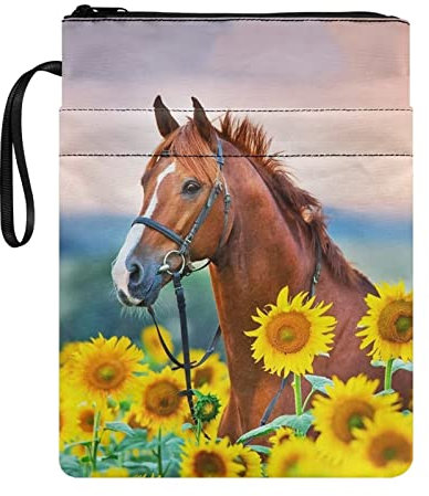 Poceacles Buchhülle mit Pferde-Sonnenblumen-Muster, für Softcover, Hardcover, Buchhülle mit Reißverschluss, Taschenbuch, Tasche für Buchliebhaber, Teenager