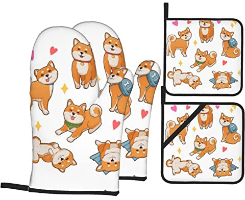 Süßer Shiba Inu Hund Ofenhandschuh und Topflappen 4-teiliges Set für Küche, Grillen im Freien, Backen