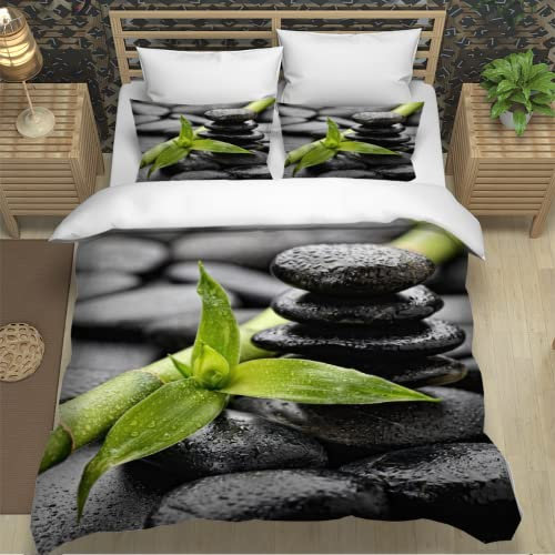 XPINGO Erwachsene Bettwäsche Zen 220x240 cm 3teilig 100% Mikrofaser Sommer Weiche Winter Warm Bettbezüge mit Reißverschluss 3D Stein Bambus Bettbezug mit 2 Kissenbezüge 80x80 cm