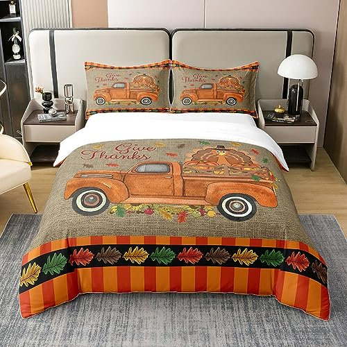 100% Natürliche Braune Türkei Bettwäsche Set 135x200,Happy Thanksgiving Bettbezug für Kinder,Herbst Ahorn Blätter Camping Auto Tröster Abdeckung,Vintge Streifen Bett Sets mit 1 Kissenbezug,Rot Orange