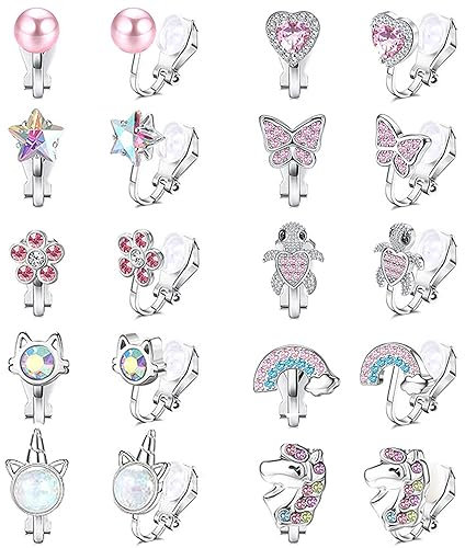 Lucktao 10 Paar Ohrclips Kinder Mädchen Clip on Ohrringe,Ohrclips Mädchen Hypoallergene Clip Ohrringe,Ohne Ohrloch Herz Stern Blumen Regenbogen Schildkröten,Ohne Ohrlöcher Schmuck für Kinder