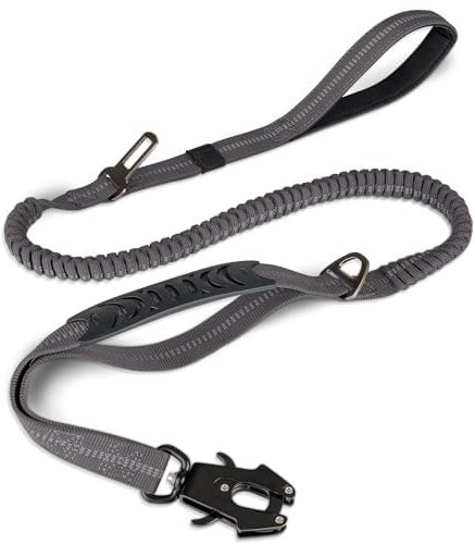 Joytale Taktische Hundeleine, 1.2m-1.8m Bungee Hundeleine Reflektierend mit 2 Gepolsterten Griffen, Autosicherheitsgurt, Leine Hund ohne Zugkraft für Mittelgroße, Große, X-Große Hunde, Grau