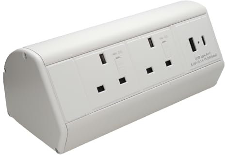 Desktop Bench Table Mountable PDU 2 x UK Sockets & USB-A/C Ports Power Pod White
