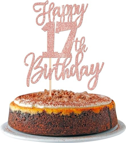1 Stück Happy 17th Birthday Tortendeko Glitzer Prost auf 17 Jahre Geburtstag Kuchen Deko Sweet 17 Cake Topper für Happy 17th Birthday Theme Party Kuchen Dekoendeko Rosegold