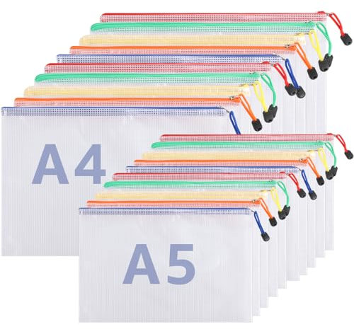 JMIATRY A4+A5 Zip Plastic Wallets, 40 Pcs Zip Lock Bags Mesh Document Wallet, A4+A5 Folder Plastics Zipper Bag for School Office Homework Travel Storage Bags, 5 Colors