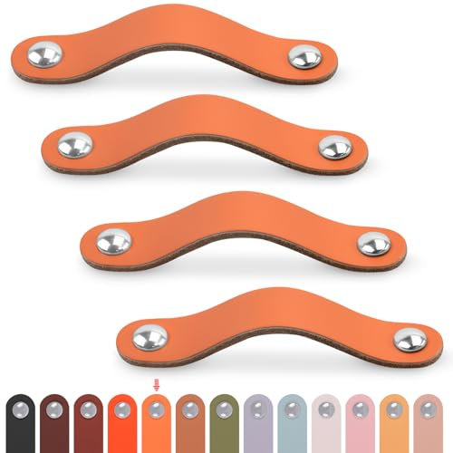 LEREATI Ledergriffe für Möbel 4 Stück Schrankgriffe mit Schrauben Möbelgriffe Vintage Schubladengriff Knöpfe Möbelgriff Leder für Küchenschränke Schränke Bad (Helles Orange, für 128mm Loch Mitte)