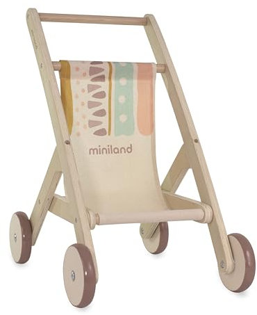 Miniland Baby-Puppenwagen aus Holz, hergestellt aus umweltfreundlichem Holzmaterial aus nachhaltigen Wäldern für imaginäre Lebenssituationen