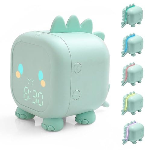 yotutun Kinder Lichtwecker, Dinosaurier Kinderwecker Digitaluhr mit Nachtlicht/Timer Snooze -Funktion/2 Alarms/6 Klingeltöne/einstellbare (Grün)