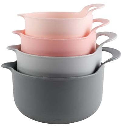 COOK WITH COLOR Non-Slip Mixing Bowls - 4 Piece Nesting Plastic Mixing Bowl Set with Pour Spouts and Handles-Measurement Markings (Pink)